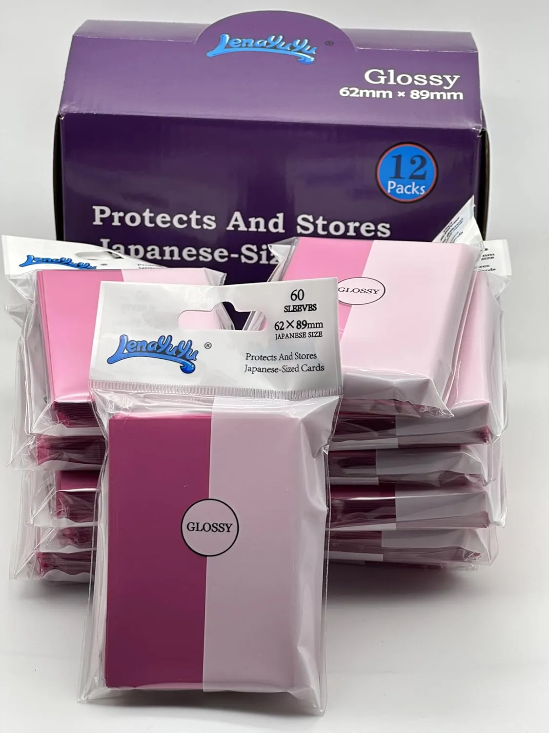1 Box of 720 Counts -12packs Pink Color Front Glossy Japanese Small Card Sleeves 62mmx89mm Card Sleeves, Toploading fits for Japanese Trading Card Perfect Size