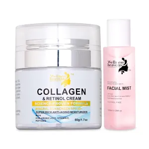 2-in-1 Skincare Set, Face Moisturizer with Collagen, Retinol, Hyaluronic Acid, & SPF 50  Sun Protection 50g, Alcohol-free Witch Hazel Facial Mist with Aloe Rose Petal, Hydrates & Exfoliates Skin 100ml