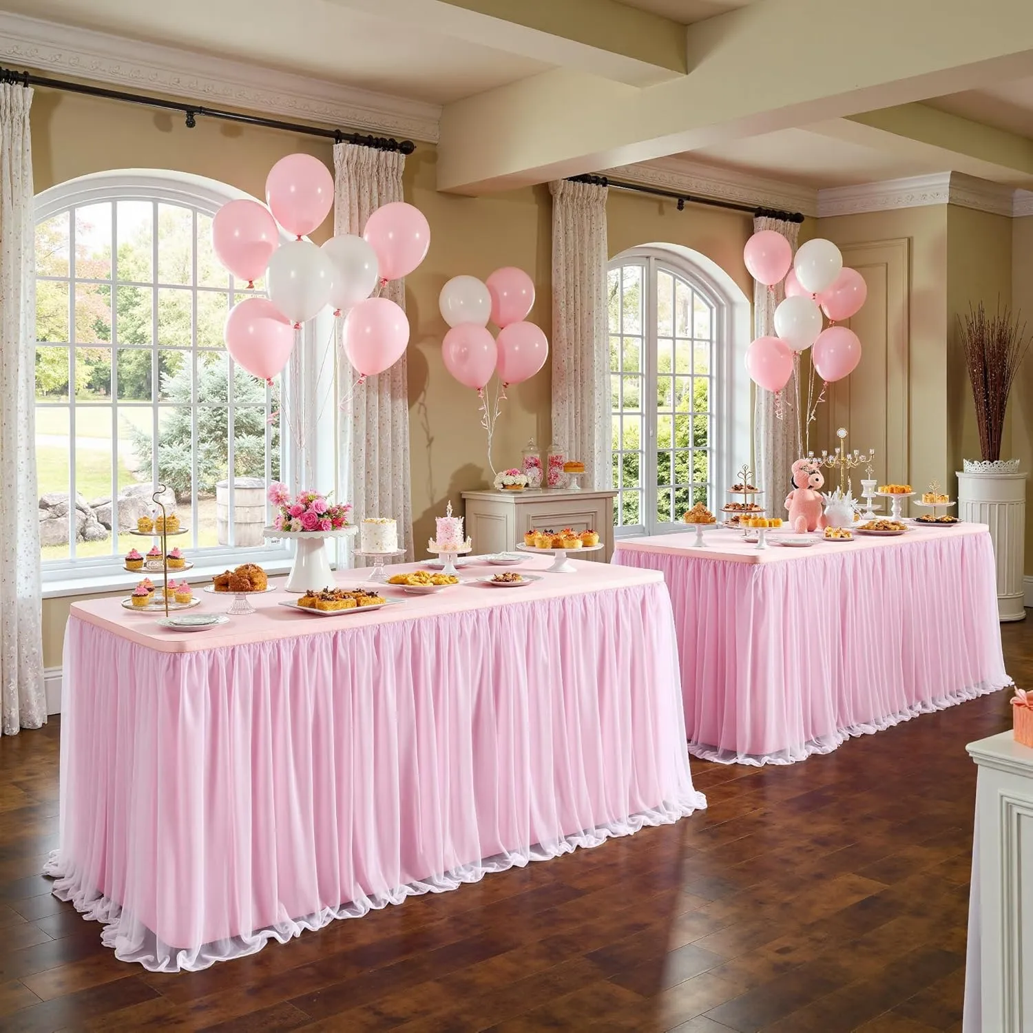 204inch Extra-Long Pink Table Skirt with Table Clips & Magic Tape - Fits 6ft Rectangle Tables, Wrinkle-Free Tulle Fabric for Kids Birthday Baby Shower(No Top Cover)