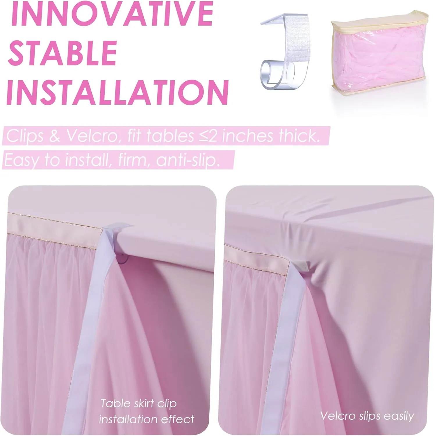 204inch Extra-Long Pink Table Skirt with Table Clips & Magic Tape - Fits 6ft Rectangle Tables, Wrinkle-Free Tulle Fabric for Kids Birthday Baby Shower(No Top Cover)