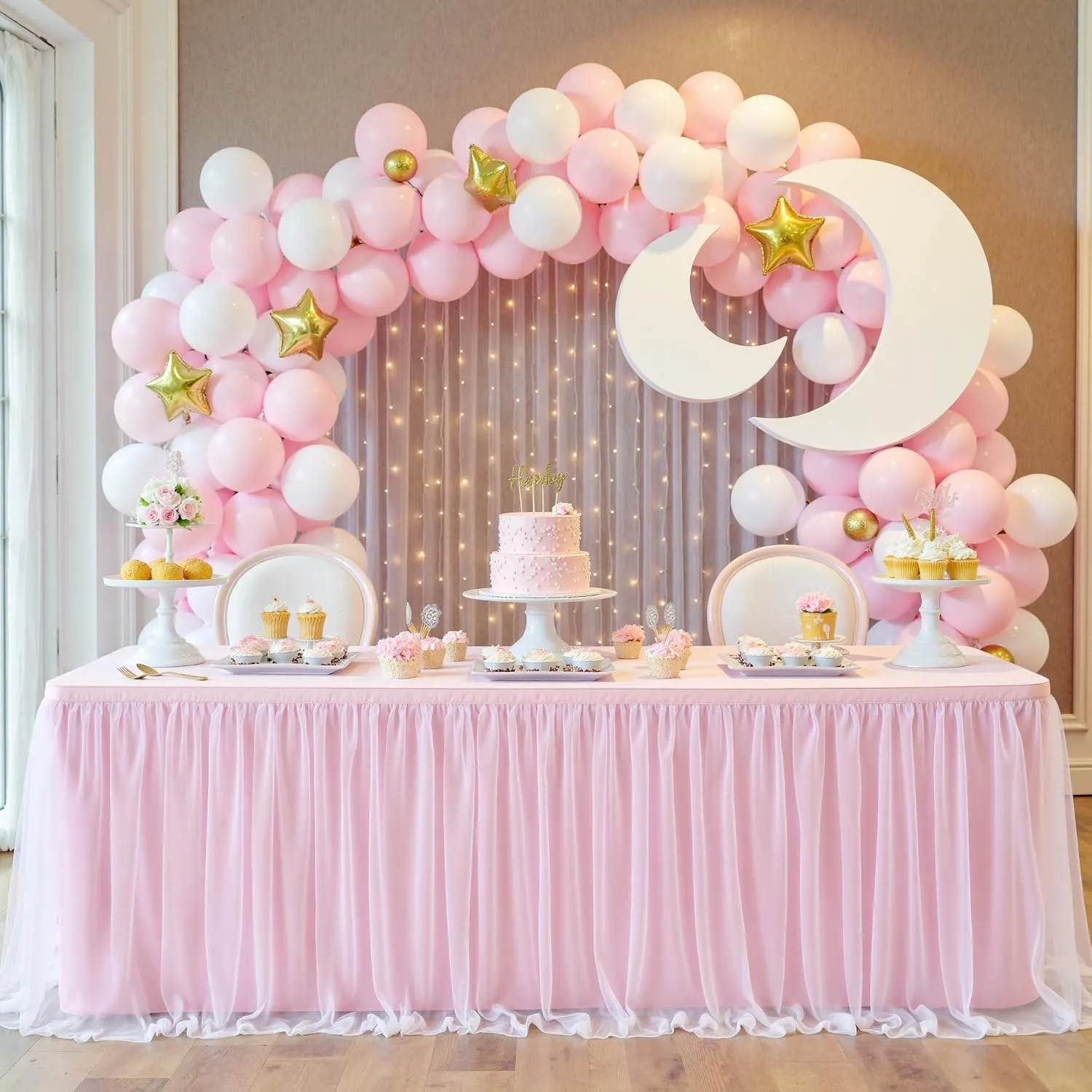 204inch Extra-Long Pink Table Skirt with Table Clips & Magic Tape - Fits 6ft Rectangle Tables, Wrinkle-Free Tulle Fabric for Kids Birthday Baby Shower(No Top Cover)