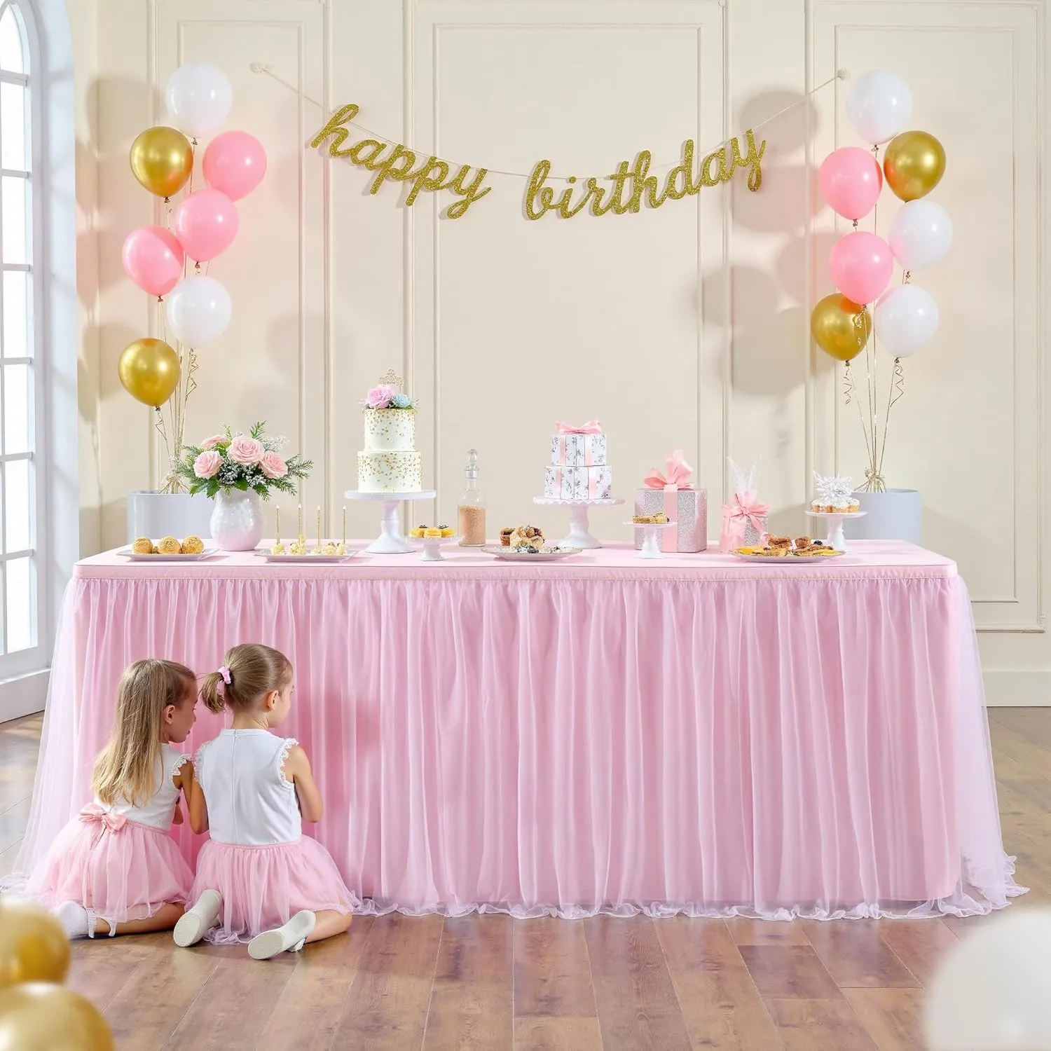 204inch Extra-Long Pink Table Skirt with Table Clips & Magic Tape - Fits 6ft Rectangle Tables, Wrinkle-Free Tulle Fabric for Kids Birthday Baby Shower(No Top Cover)