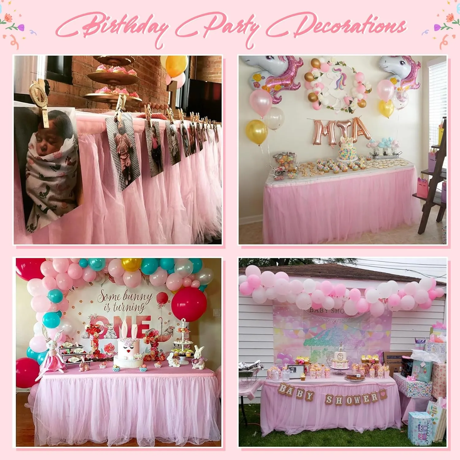 204inch Extra-Long Pink Table Skirt with Table Clips & Magic Tape - Fits 6ft Rectangle Tables, Wrinkle-Free Tulle Fabric for Kids Birthday Baby Shower(No Top Cover)