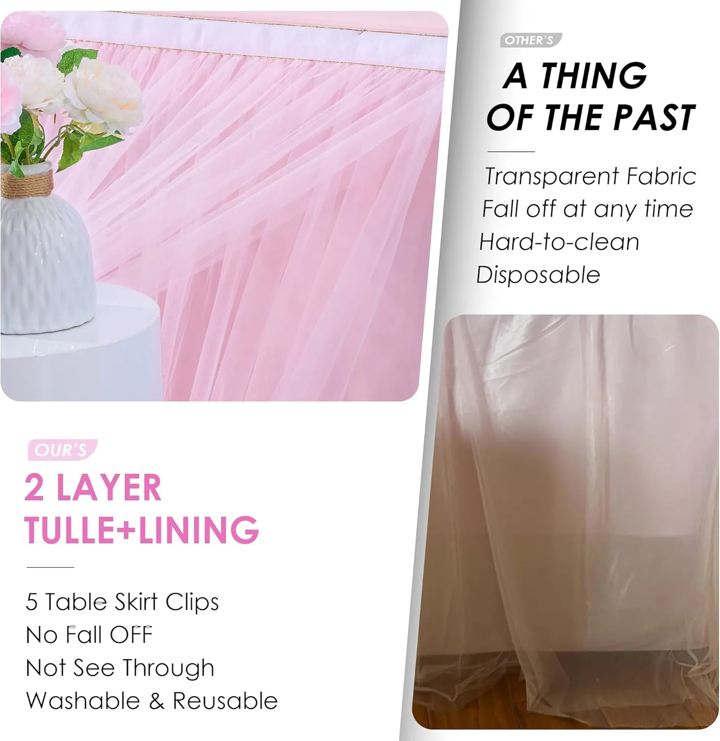 204inch Extra-Long Pink Table Skirt with Table Clips & Magic Tape - Fits 6ft Rectangle Tables, Wrinkle-Free Tulle Fabric for Kids Birthday Baby Shower(No Top Cover)