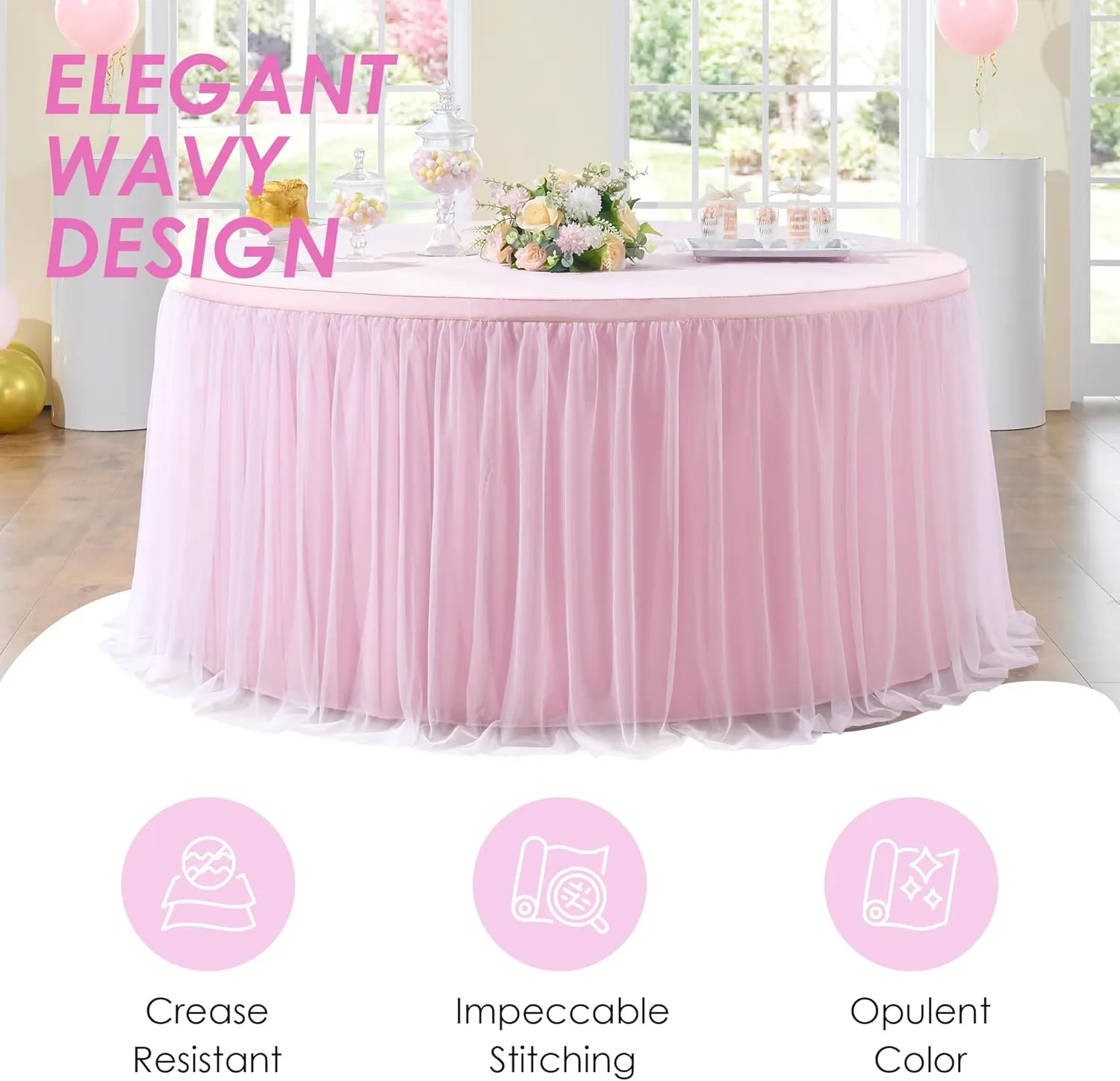 204inch Extra-Long Pink Table Skirt with Table Clips & Magic Tape - Fits 6ft Rectangle Tables, Wrinkle-Free Tulle Fabric for Kids Birthday Baby Shower(No Top Cover)