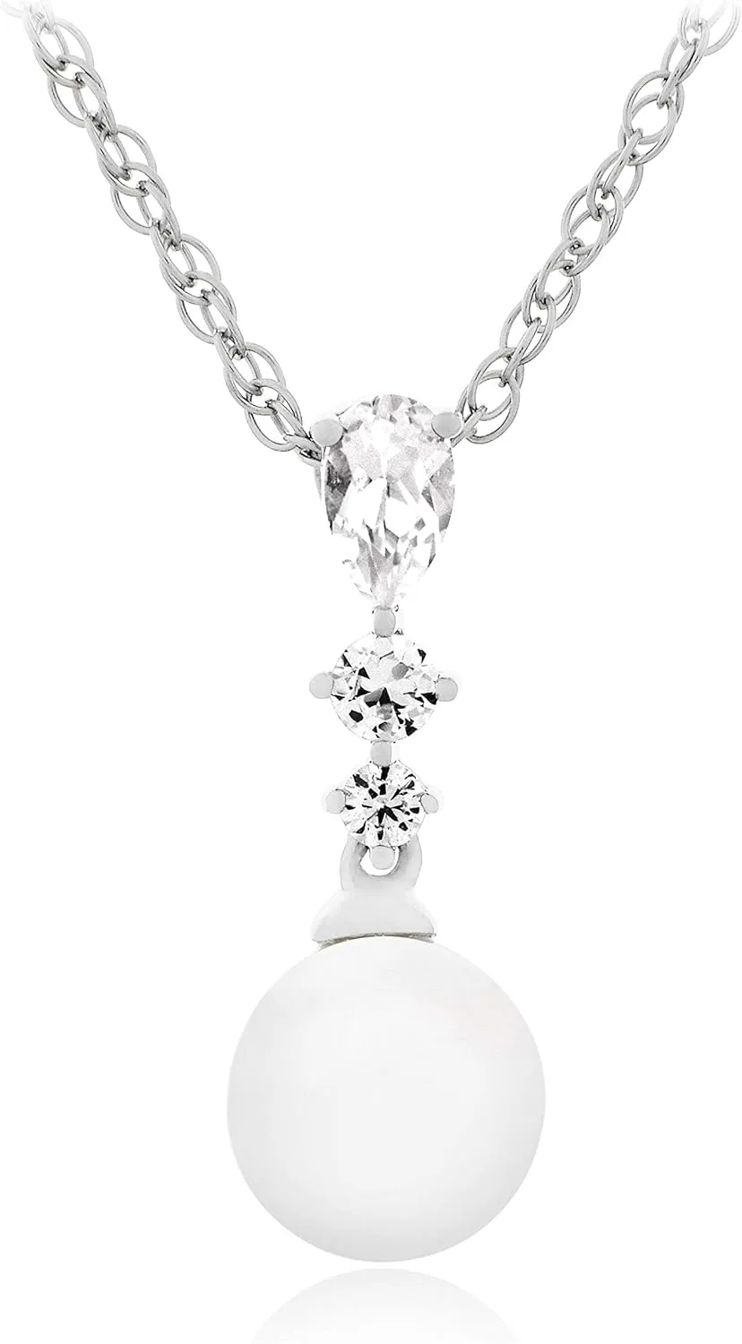 .925 Sterling Silver 7mm Freshwater Cultured Pearl & Lab Grown White Sapphire Elegant Drop Pendant Necklace on 18" Rope Chain