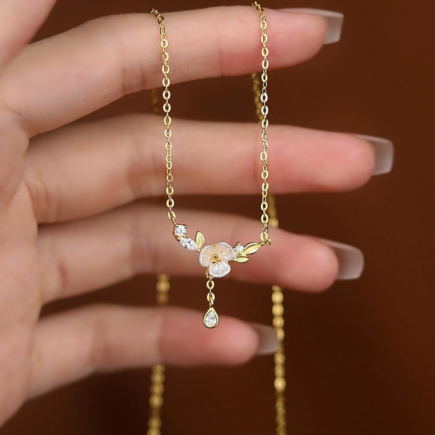 925 Sterling Silver Cherry Blossom Necklace for Women Graduation Pink Jewelry 14K Gold Plated Cute Birth Month Enamel Flower Pendant Necklace Floral Artificial Stone Pearl Chain Birthday Jewelry Gifts