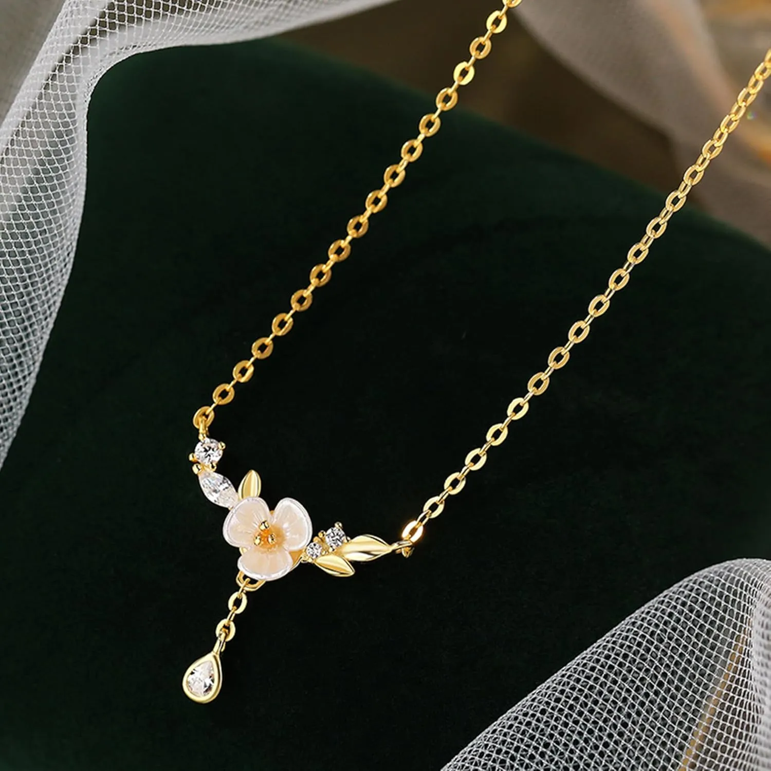 925 Sterling Silver Cherry Blossom Necklace for Women Graduation Pink Jewelry 14K Gold Plated Cute Birth Month Enamel Flower Pendant Necklace Floral Artificial Stone Pearl Chain Birthday Jewelry Gifts