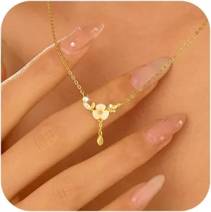 925 Sterling Silver Cherry Blossom Necklace for Women Graduation Pink Jewelry 14K Gold Plated Cute Birth Month Enamel Flower Pendant Necklace Floral Artificial Stone Pearl Chain Birthday Jewelry Gifts