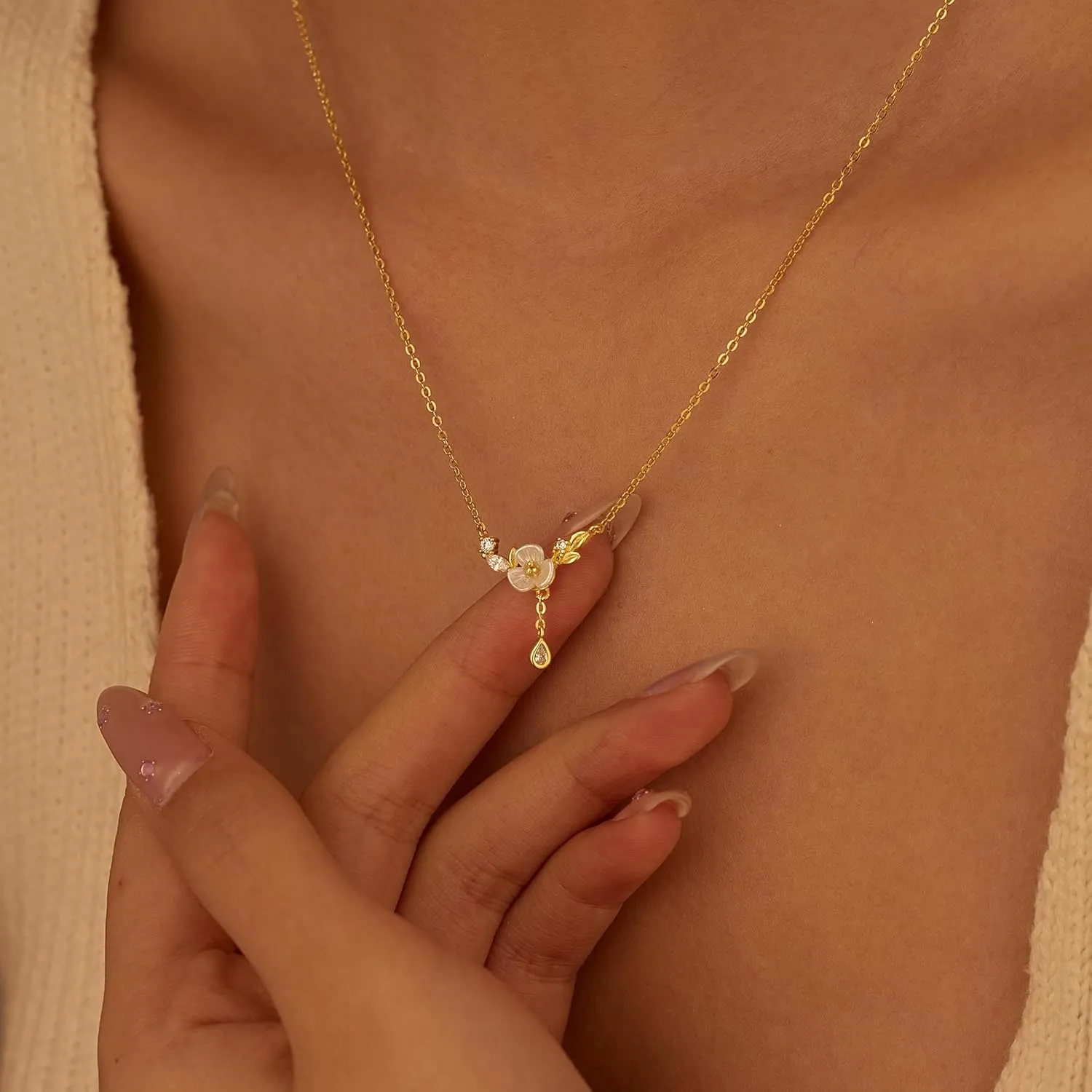 925 Sterling Silver Cherry Blossom Necklace for Women Graduation Pink Jewelry 14K Gold Plated Cute Birth Month Enamel Flower Pendant Necklace Floral Artificial Stone Pearl Chain Birthday Jewelry Gifts