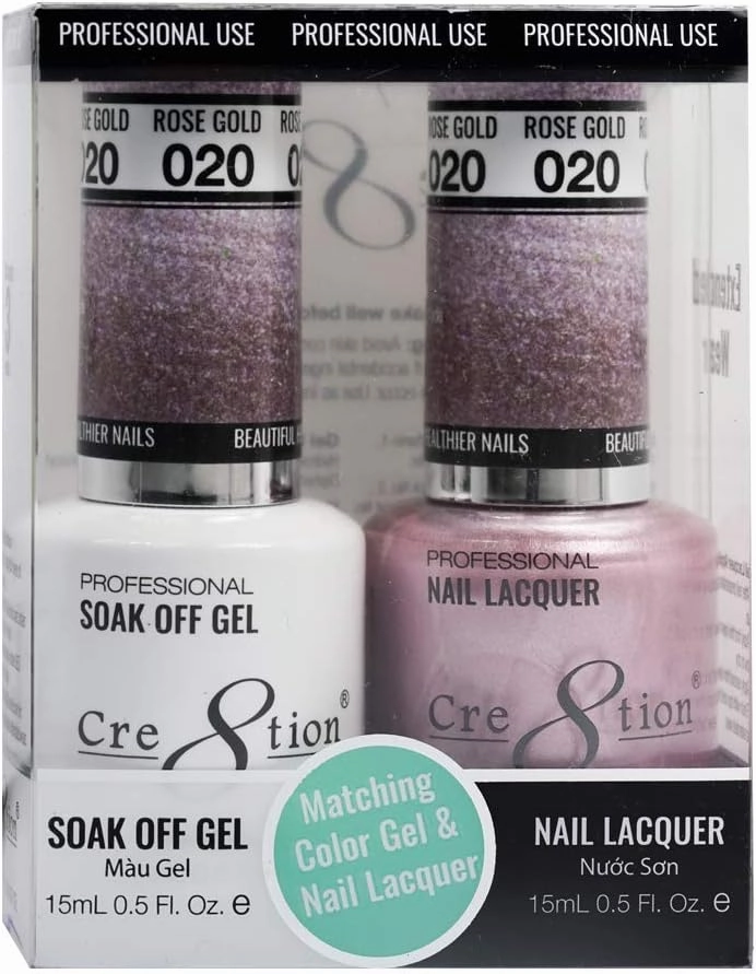 [20 Rose Gold (Shimmery)] Cre8tion [DuoGel] Perfect Matching Color Gel Soak Off & Nail Lacquer Color Combo Bundle 15mL/0.5 fl oz Bundle