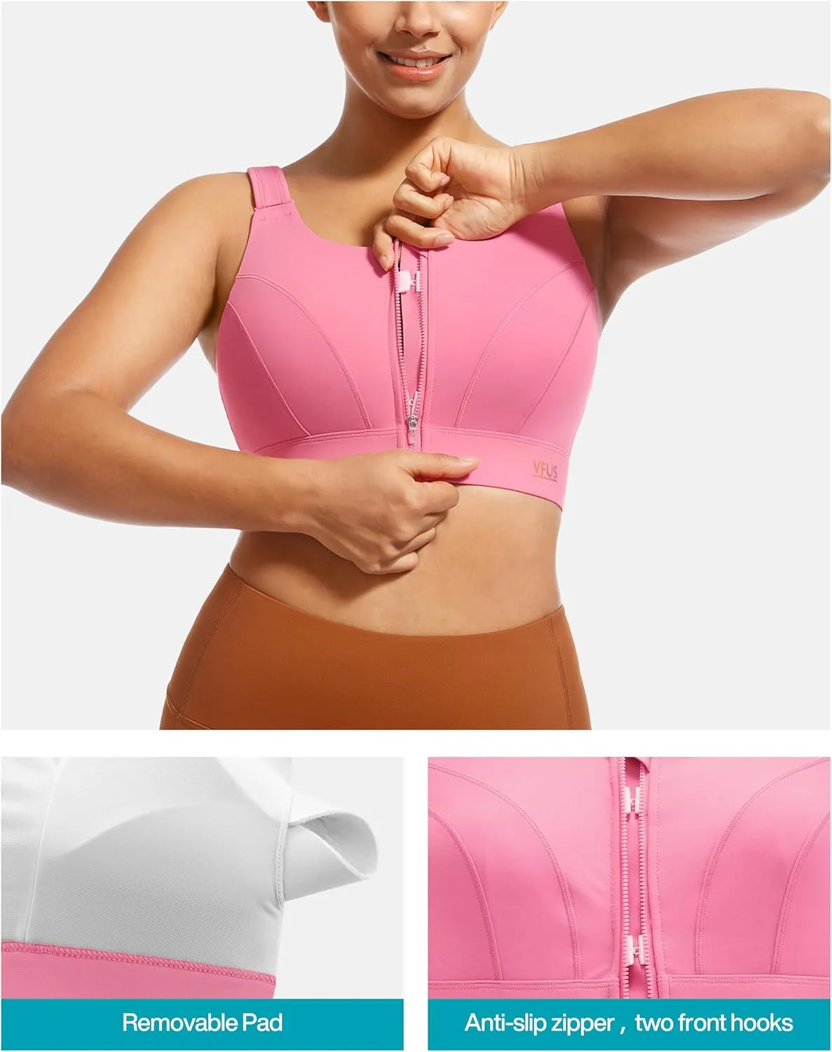 Adjustable High Impact Sports Bras for Women Zip Front Full Coverage and Lift Padded Compression Tops