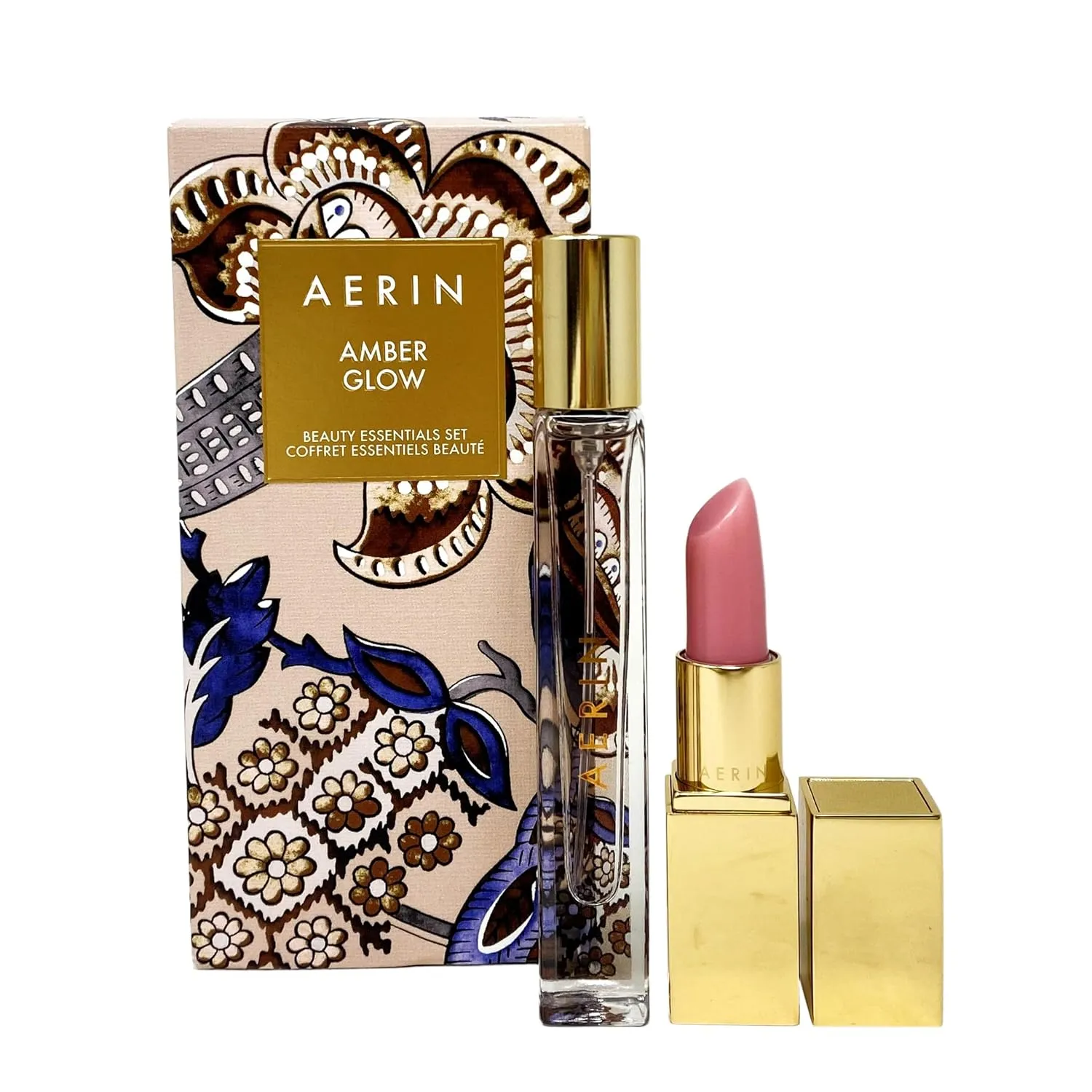 AERIN Amber Glow Beauty Essentials Set - Amber Musk Travel Size Eau De Parfum and Full Size Rose Lip Balm - New In Box