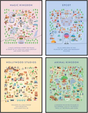ALYAM STORE Disneyland Map Posters, Unframed 12x16 inches, Set of 4, Wall Art for Boys Room, Epcot, Magic Kingdom, Hollywood Studios, Animal Kingdom