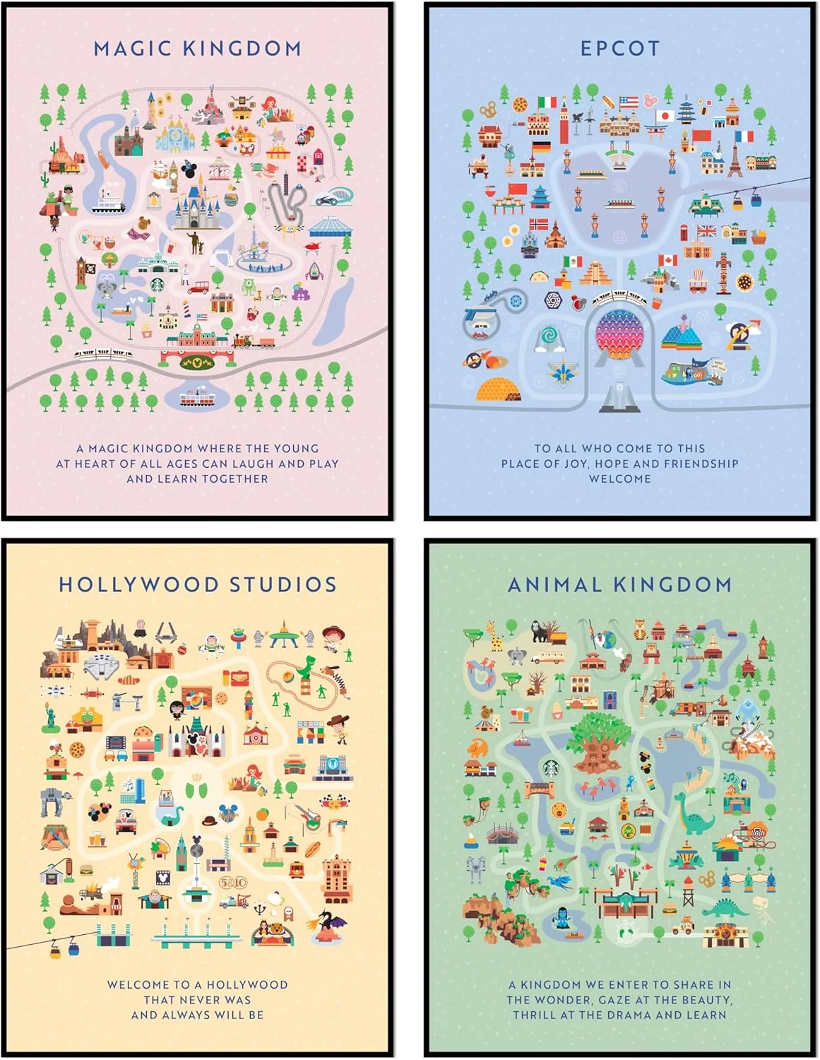 ALYAM STORE Disneyland Map Posters, Unframed 12x16 inches, Set of 4, Wall Art for Boys Room, Epcot, Magic Kingdom, Hollywood Studios, Animal Kingdom