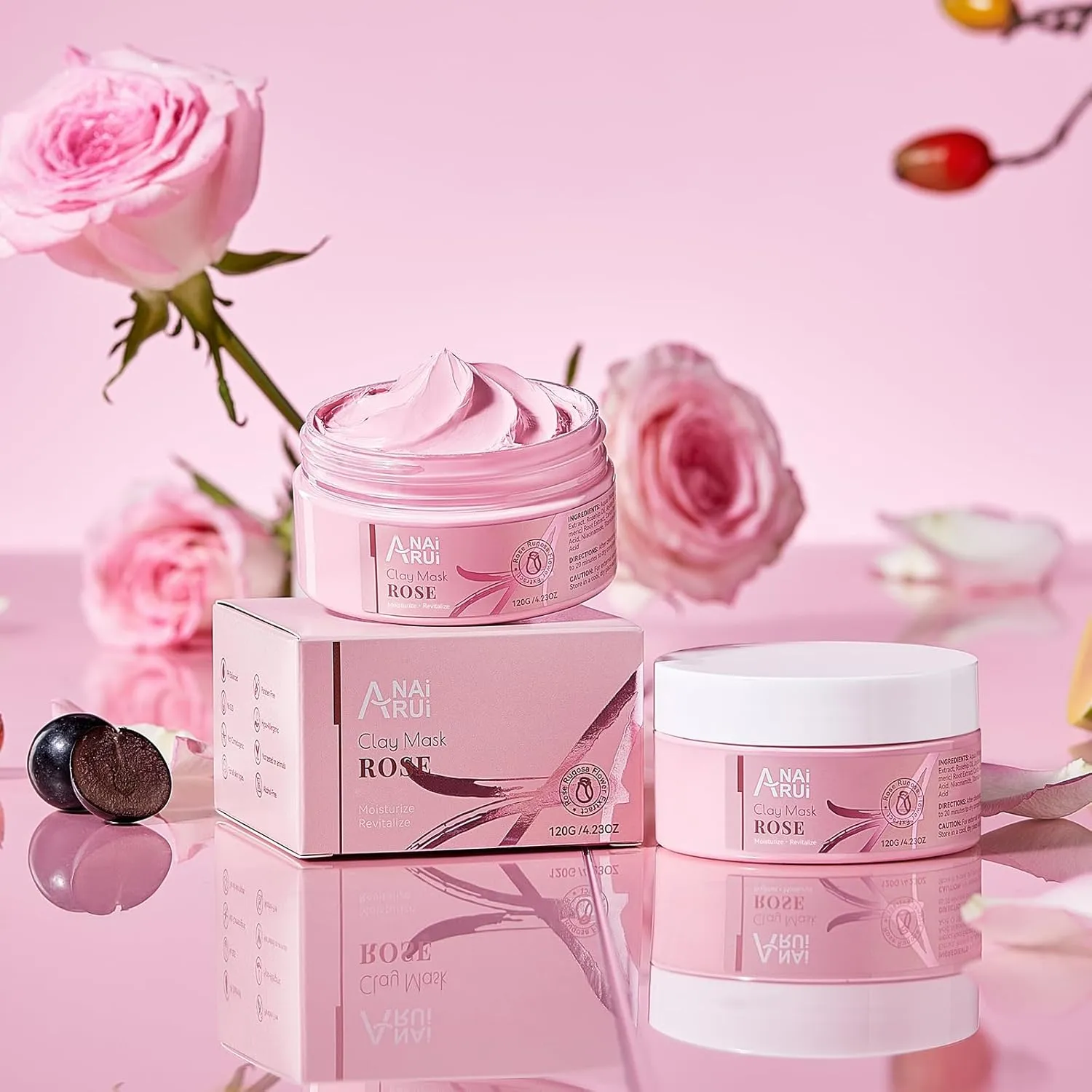ANAI RUI Rose Facial Mask, Clay Mask with Kaolin Pink Clay, Valentines Day Gifts for Women, Niacinamide, Collagen, Hyaluronic Acid for Moisturizing & Smooth Skin, Pores Minimizers, 4.23 Oz