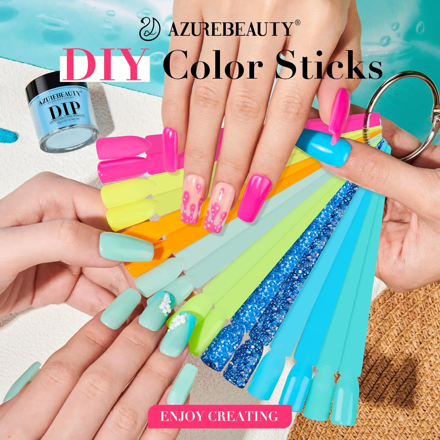 AZUREBEAUTY Dip Nails Powder Starter Kit, Hot Pink Neon Yellow Pastel Blue Green 8 Spring Summer Colors with Nail Sticks, Base Glossy Matte Top Coat Activator Liquid Set Manicure Art 30 PCS