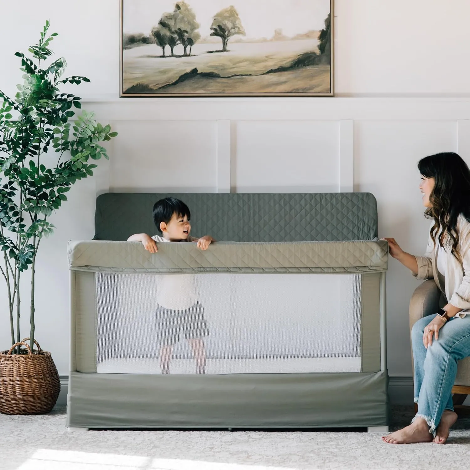 Baby Delight Lunaire Full Size Crib & Playard | Breathable Mesh Baby Crib | Tool-Free Assembly Baby Bed | 100% GOTS Certified Organic Cotton Fabric | Organic Sage