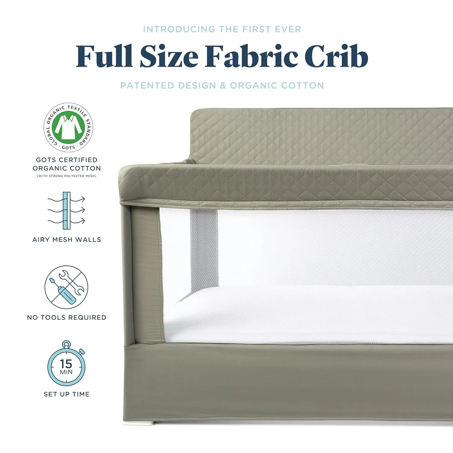 Baby Delight Lunaire Full Size Crib & Playard | Breathable Mesh Baby Crib | Tool-Free Assembly Baby Bed | 100% GOTS Certified Organic Cotton Fabric | Organic Sage