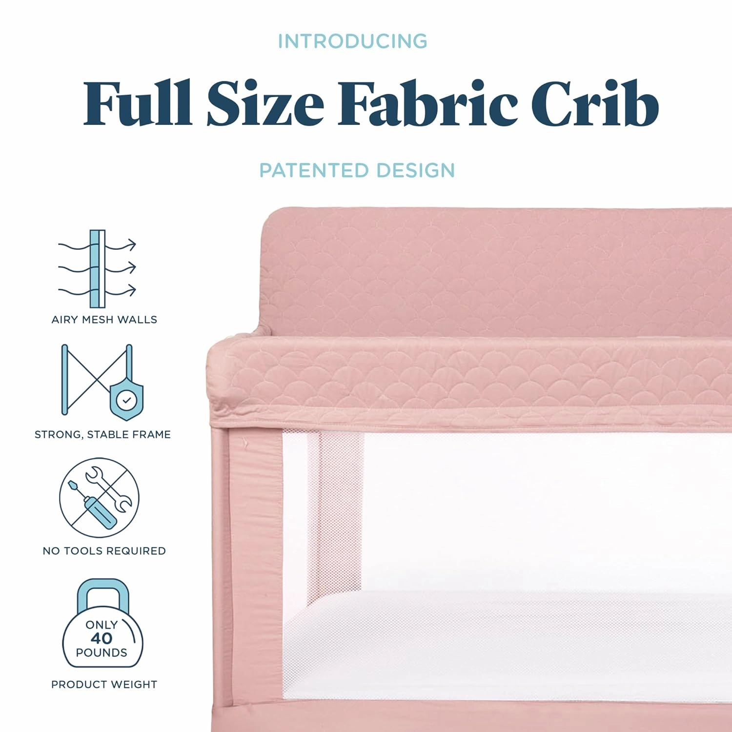 Baby Delight Lunaire Full Size Crib & Playard | Breathable Mesh Baby Crib | Tool-Free Assembly Baby Bed | 100% GOTS Certified Organic Cotton Fabric | Organic Rose