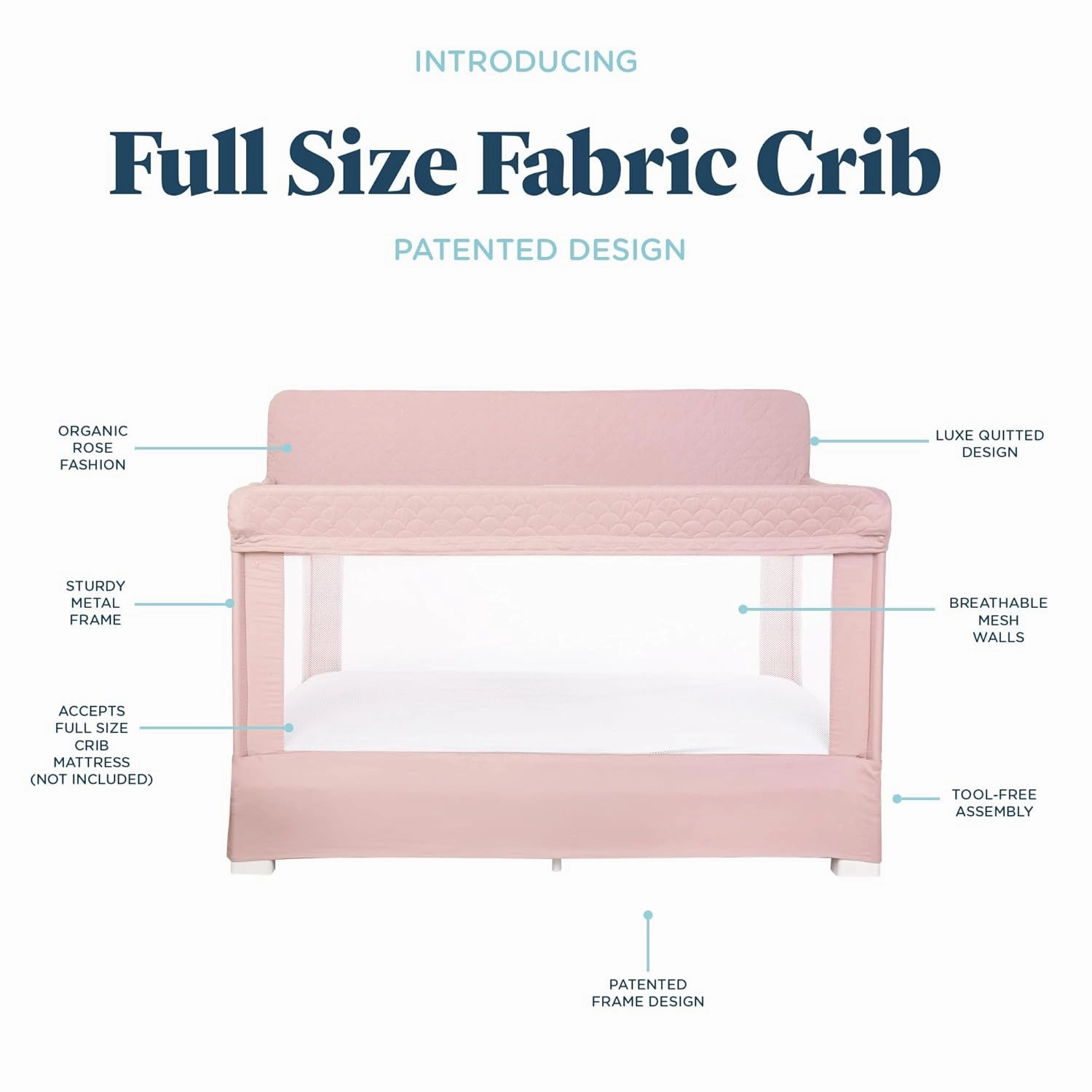Baby Delight Lunaire Full Size Crib & Playard | Breathable Mesh Baby Crib | Tool-Free Assembly Baby Bed | 100% GOTS Certified Organic Cotton Fabric | Organic Rose