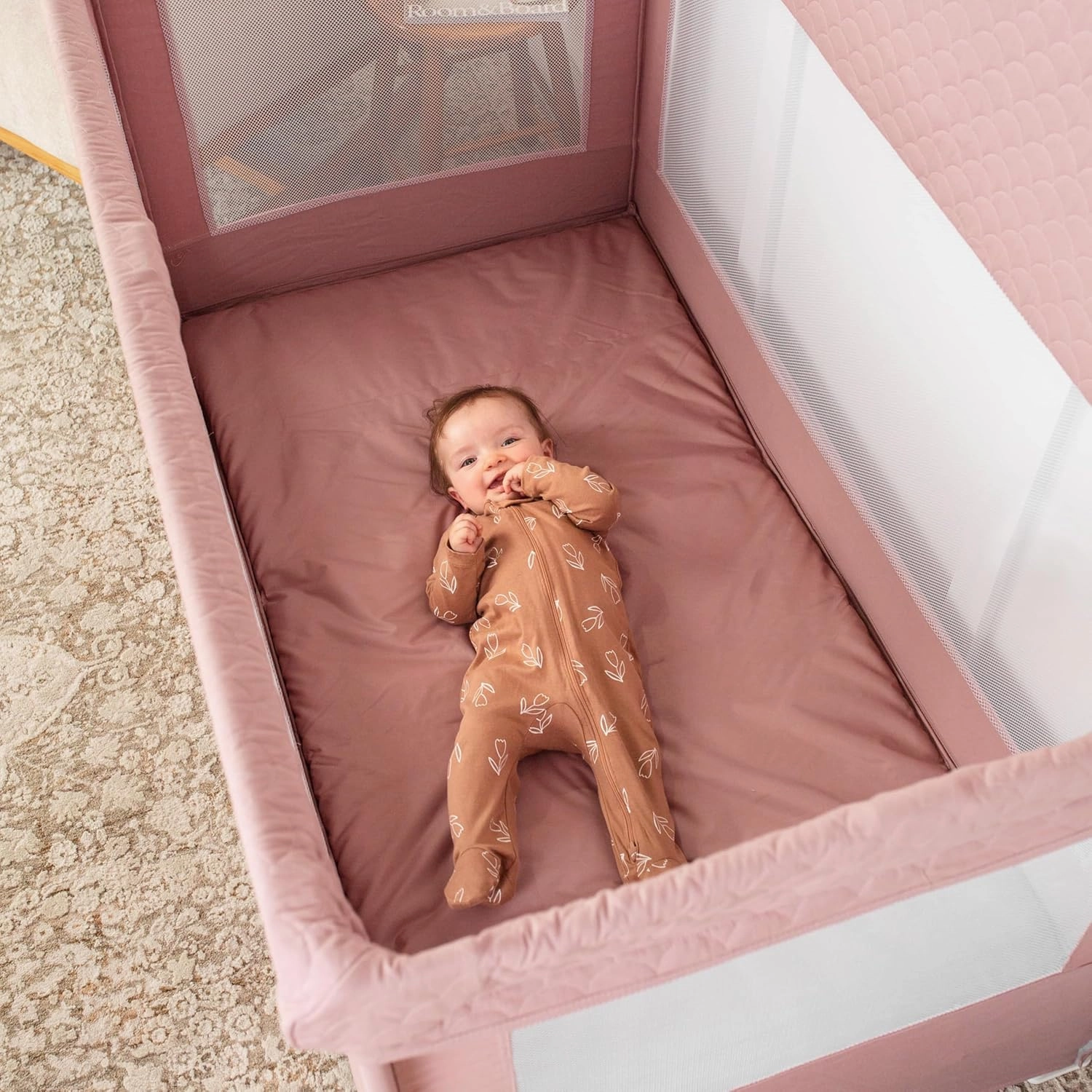 Baby Delight Lunaire Full Size Crib & Playard | Breathable Mesh Baby Crib | Tool-Free Assembly Baby Bed | 100% GOTS Certified Organic Cotton Fabric | Organic Rose