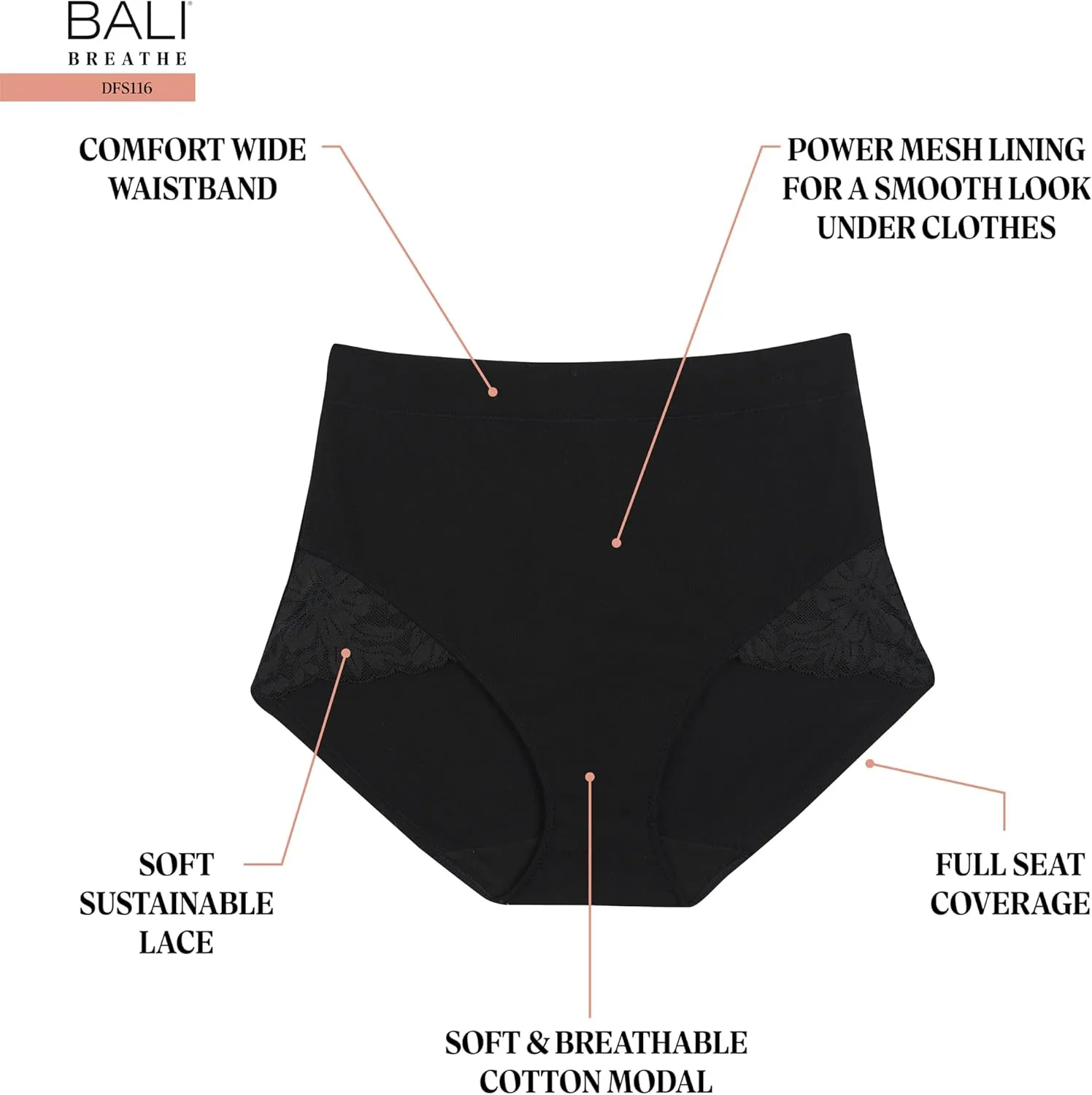 Bali Women's Breathe Lace Shaping Brief, Breathable Modal Firm Control Shapewear Panty, 2-Pack