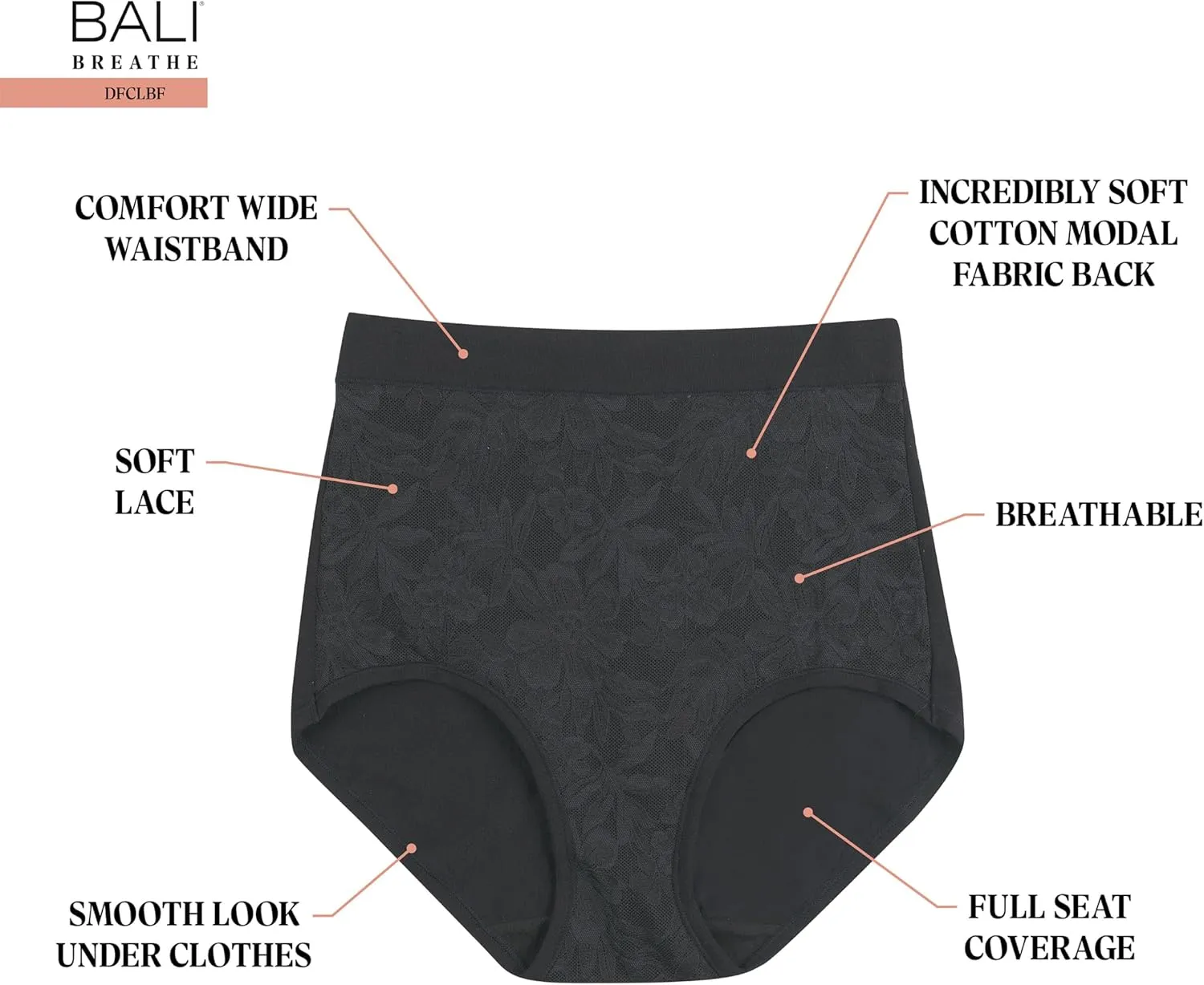 Bali Women's Breathe Underwear, High-Rise Briefs, Breathable Cotton Modal Lace Panties, 3-Pack
