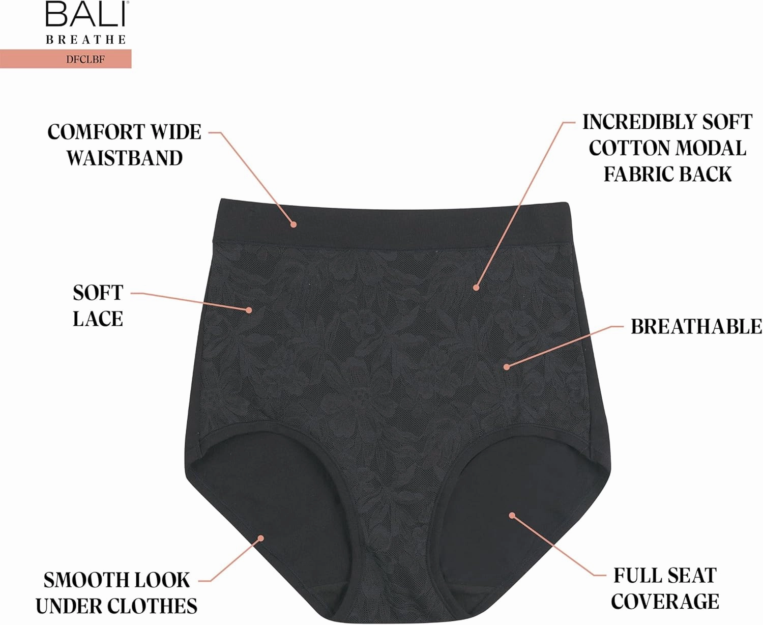Bali Women's Breathe Underwear, High-Rise Briefs, Breathable Cotton Modal Lace Panties, 3-Pack