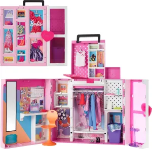 Barbie Dream Closet Playset with 35  Doll Clothes & Accessories, Includes 5 Complete Looks, Pop-Up Second Level, Mirror & Laundry Chute
