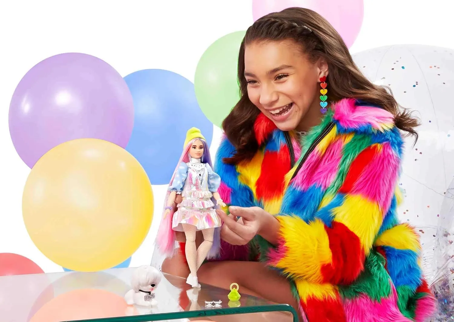 Barbie Extra Doll & Accessories with Shimmery Look, Pink & Purple Fantasy Hair & Neon Beanie with Pet Puppy