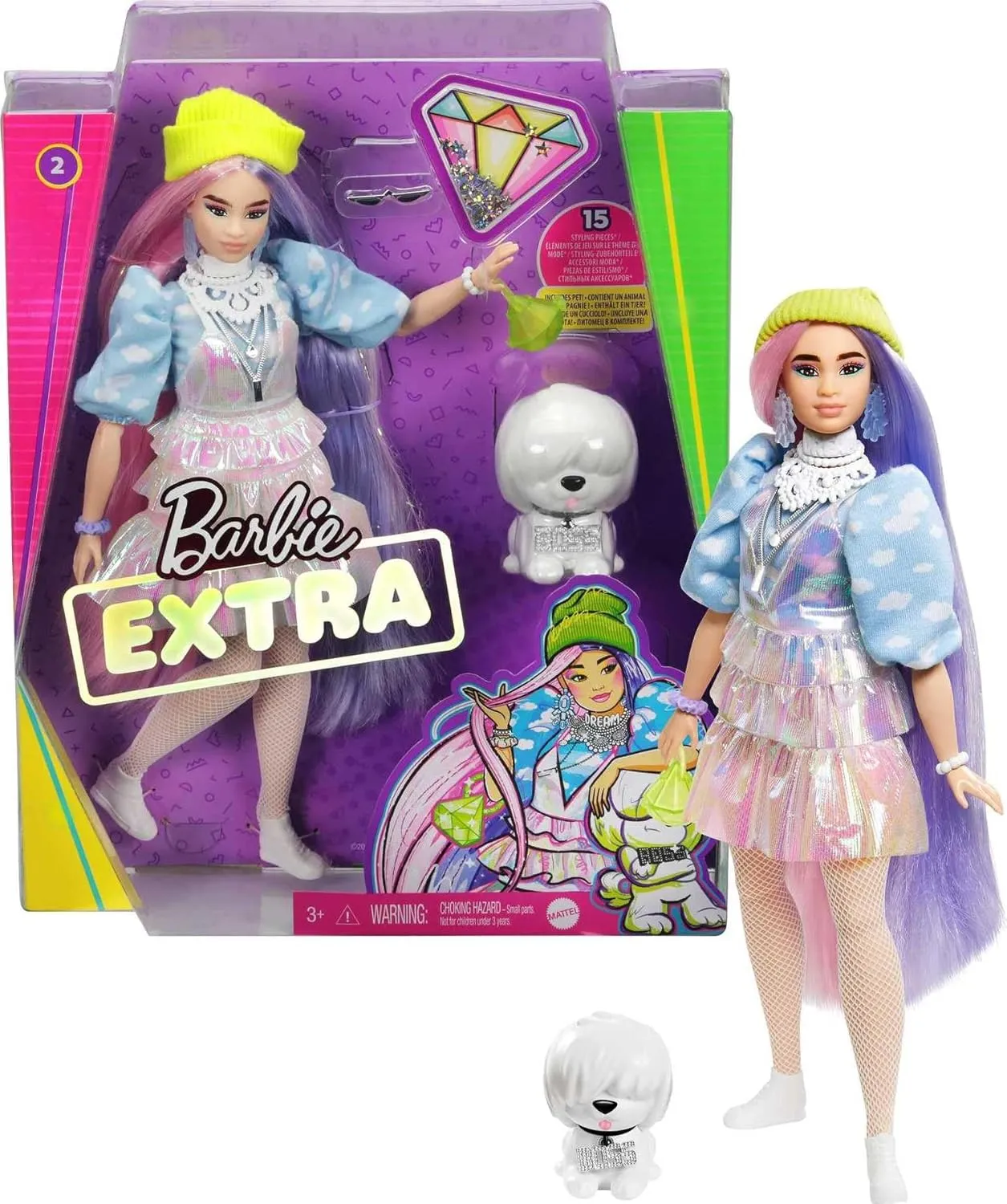 Barbie Extra Doll & Accessories with Shimmery Look, Pink & Purple Fantasy Hair & Neon Beanie with Pet Puppy