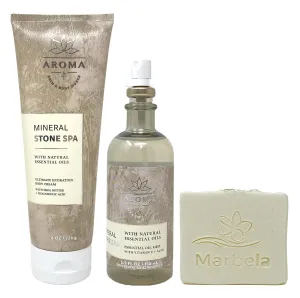 Bath & Body Works Aroma Mineral Stone Spa Body Cream and Essential Oil Mist Bundle with a Natural Oats Bar Soap - Full Size.