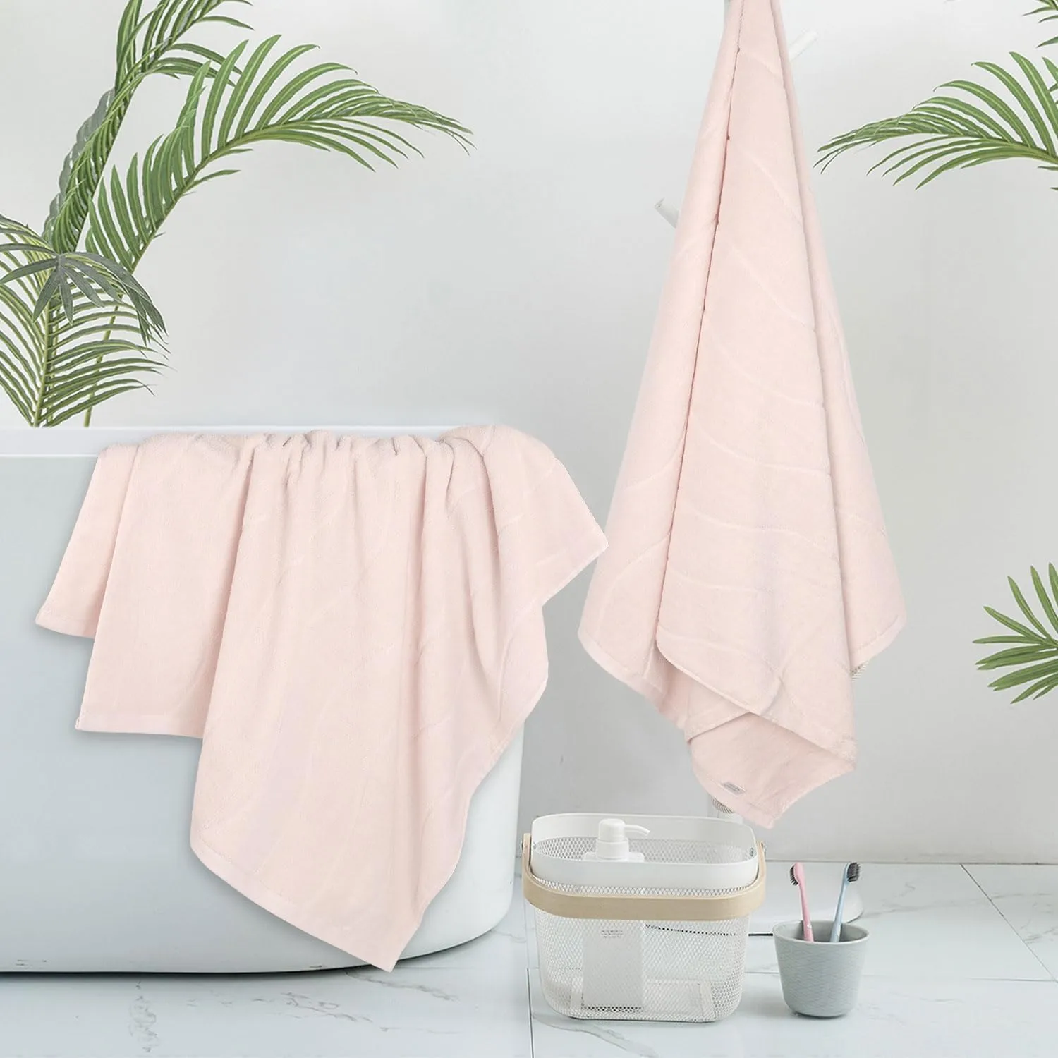 Bath Towels Blush Pink with Wavy Jacquard - 2-Pack, Soft & Absorbent Towel 27 x 55 Inches， Valentines Gifts for Her