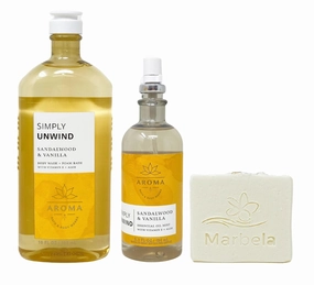 Bath & Body Works Aroma Simply Unwind Sandalwood & Vanilla Body Wash   Foam Bath and Essential Oil Mist Bundle with a Natural Oats - Full Size