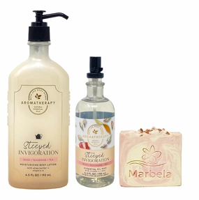Bath & Body Works Aromatherapy Steeped Invigoration Rose   Tangerine   Tea Body Lotion and Essential Oil Mist Bundle with a Himalayan Salts Springs Bar Soap - Full Size