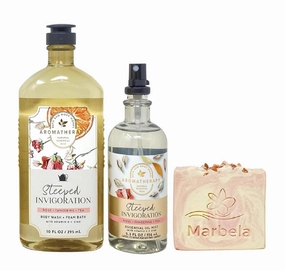 Bath & Body Works Aromatherapy Steeped Invigoration Rose   Tangerine   Tea Body Wash   Foam Bath and Essential Oil Mist Bundle with a Himalayan Salts Springs Bar Soap - Full Size