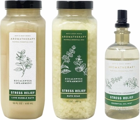 Bath & Body Works Aromatherapy Stress Relief Eucalyptus   Spearmint 3 Piece Gift Set - Bath Soak - Luxe Bubble Bath - Essential Oil Mist - Full Size