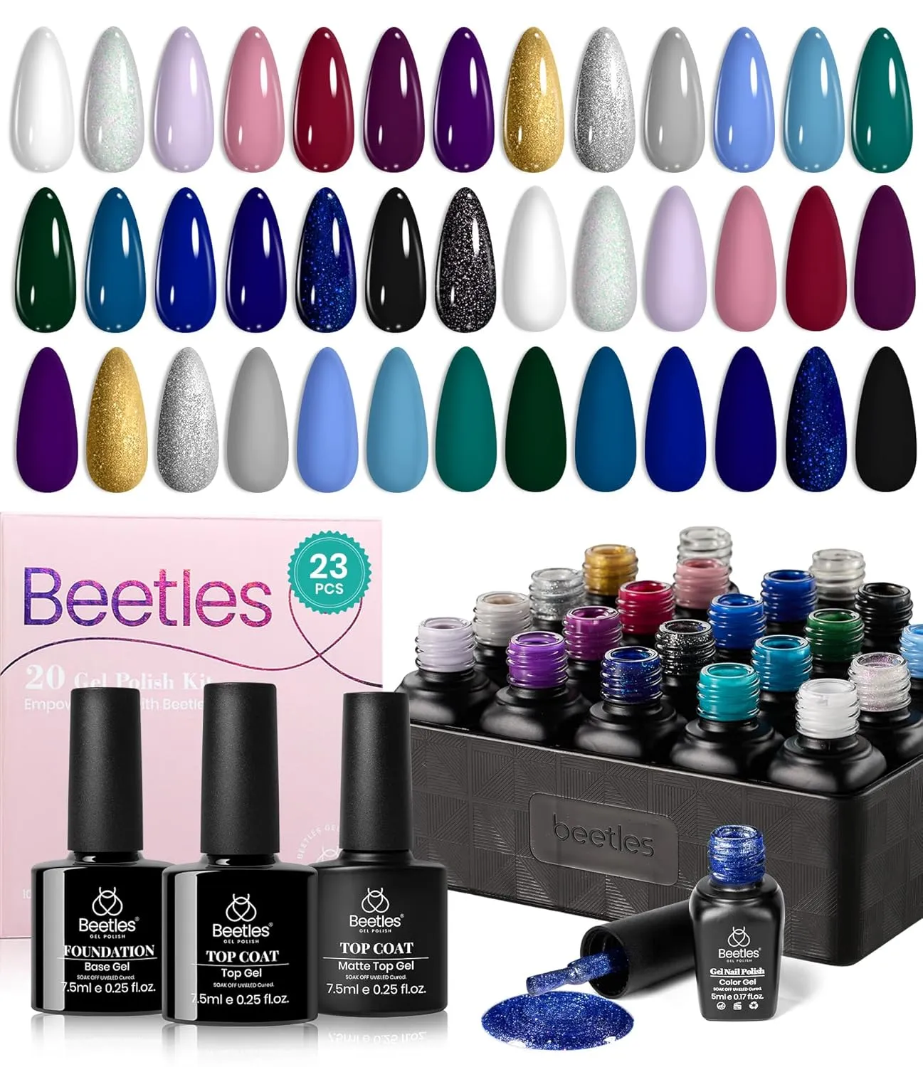 Beetles 20 Colors Gel Nail Polish Set, Navy Blue Burgundy Black Gel Polish 23Pcs Celestial Collection Deep Color Nail polish with Base Top Coat Soak off UV LED Gifts for Women