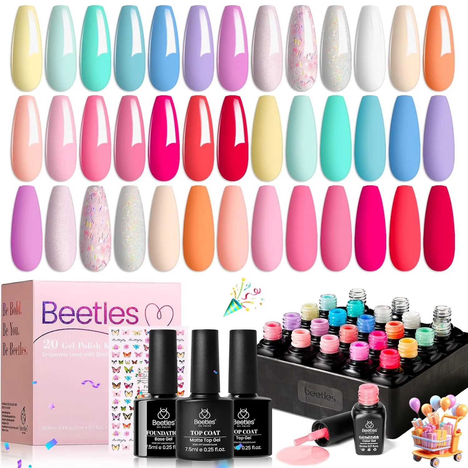 Beetles 23Pcs Gel Nail Polish Set with Base Top Coat Spring Pastel Bright Neon Colors Gel Polish Kit Nude Blue Pink Red Green Purple Colors Soak off Uv Nail Gift for Girls
