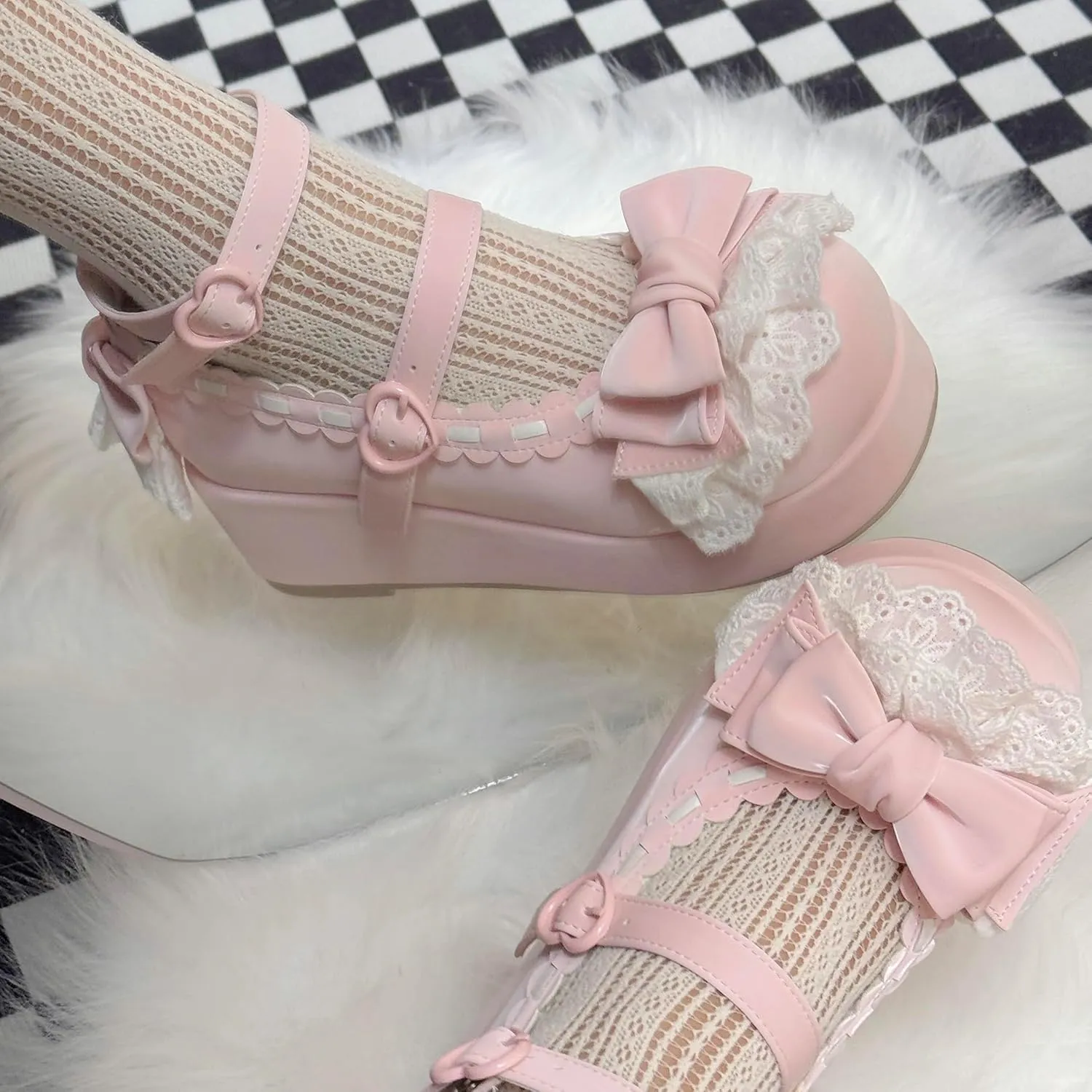 BEROBELLO Sweet Lolita Platform Shoes Kawaii Mary Janes with Bow and Lace Trim