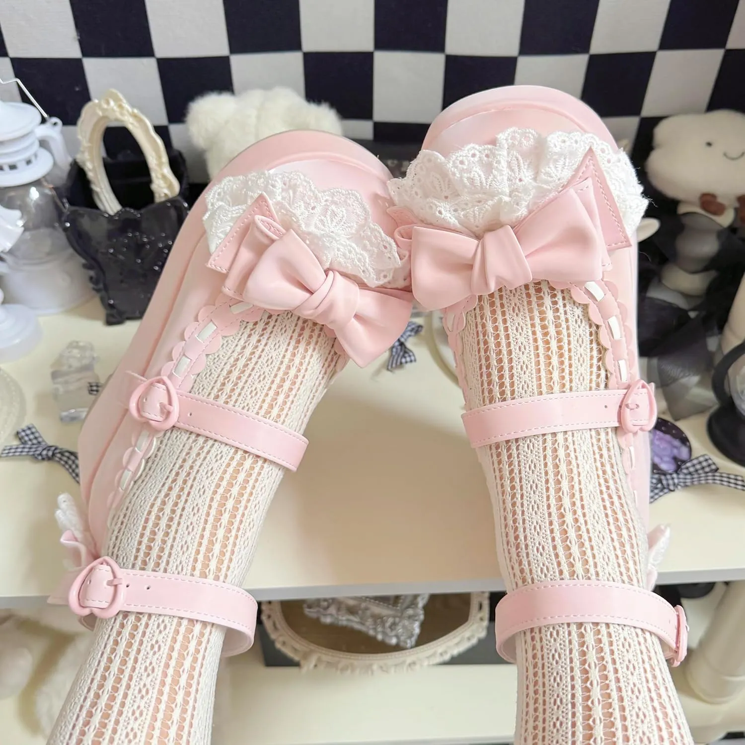 BEROBELLO Sweet Lolita Platform Shoes Kawaii Mary Janes with Bow and Lace Trim
