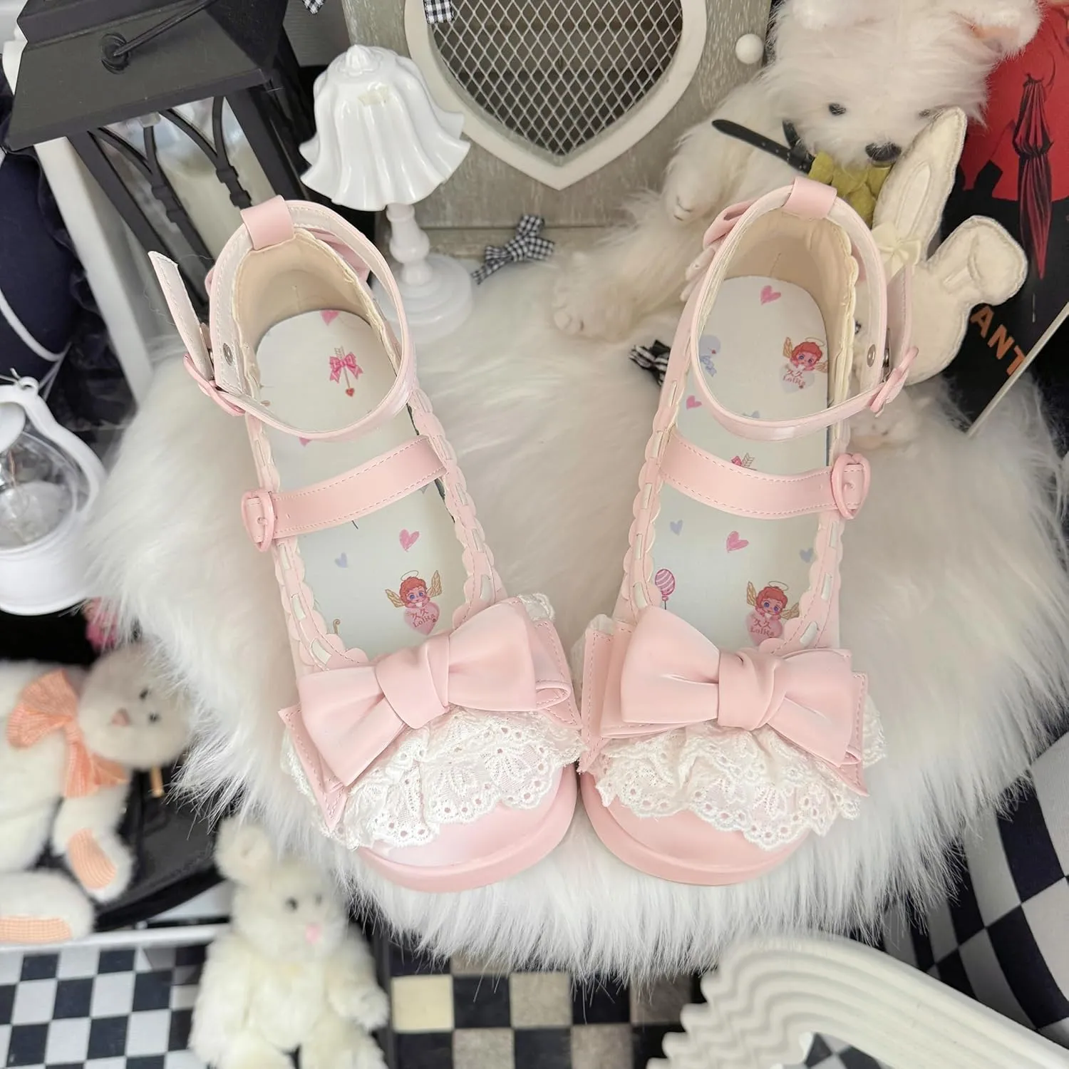 BEROBELLO Sweet Lolita Platform Shoes Kawaii Mary Janes with Bow and Lace Trim