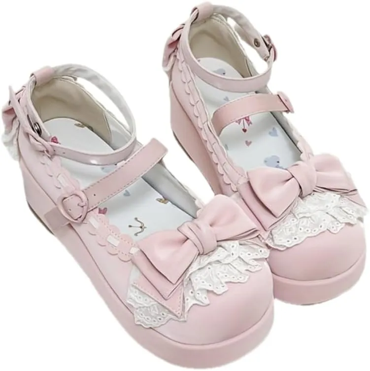 BEROBELLO Sweet Lolita Platform Shoes Kawaii Mary Janes with Bow and Lace Trim