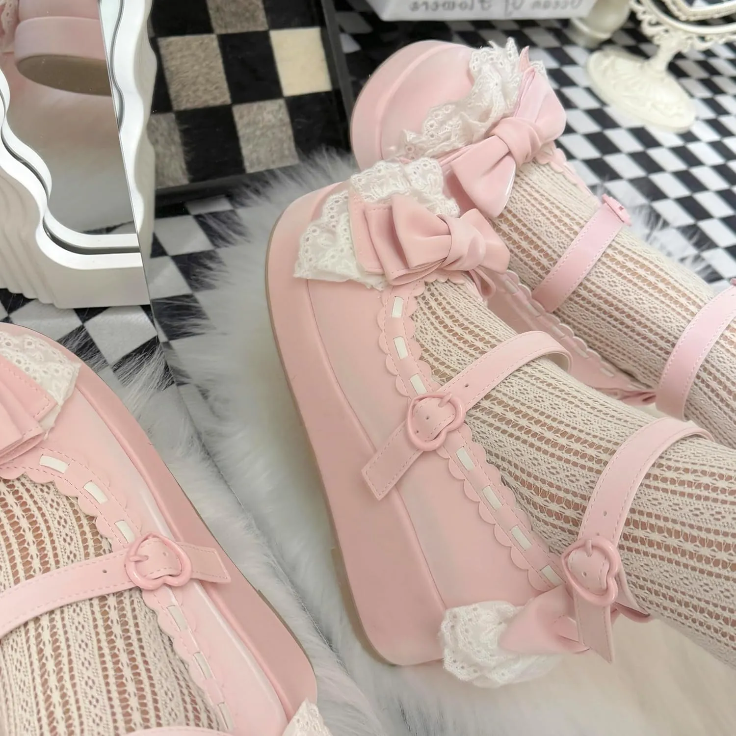 BEROBELLO Sweet Lolita Platform Shoes Kawaii Mary Janes with Bow and Lace Trim