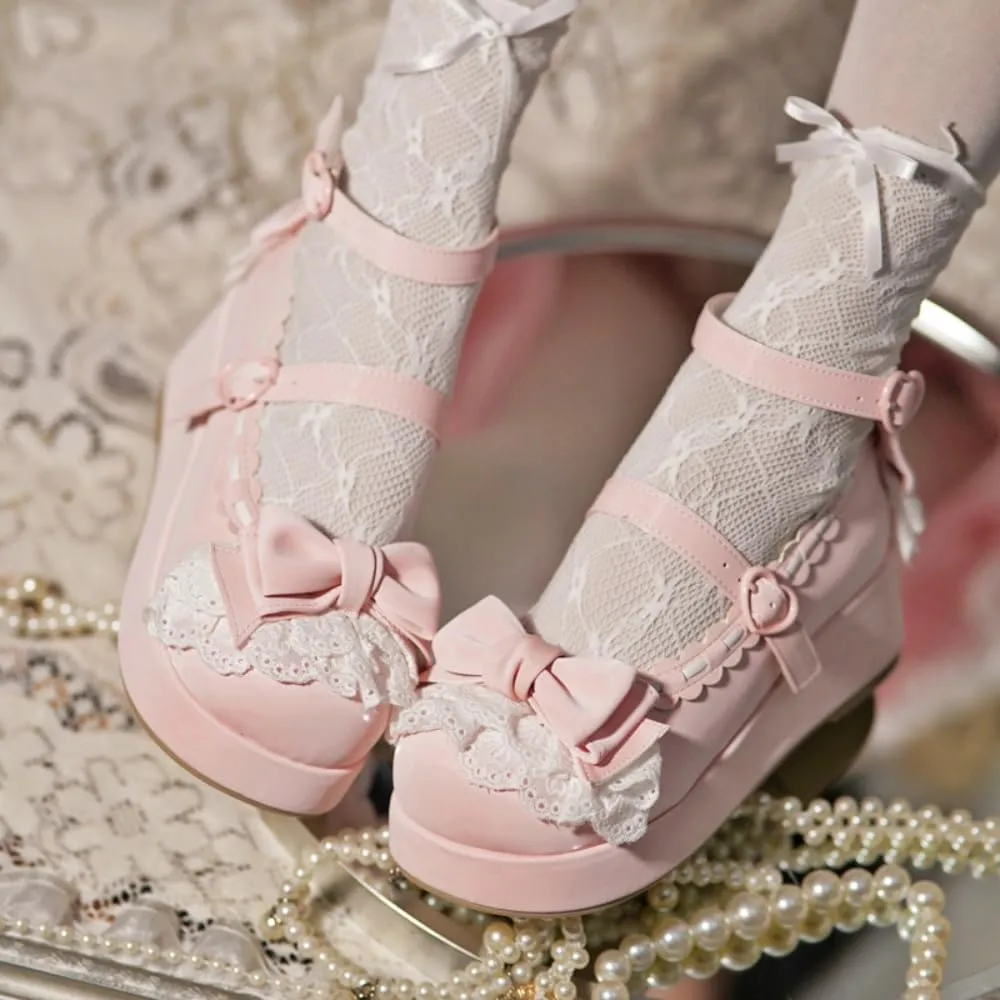 BEROBELLO Sweet Lolita Platform Shoes Kawaii Mary Janes with Bow and Lace Trim