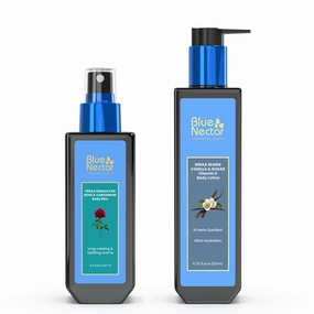 Blue Nectar Shea Butter Warm Vanilla Lotion & Himalayan Rose Body Mist Combo - Ultimate Skin Treat with 12 Herbs, Vitamin E (Pack of 2, 10.16 Fl oz)