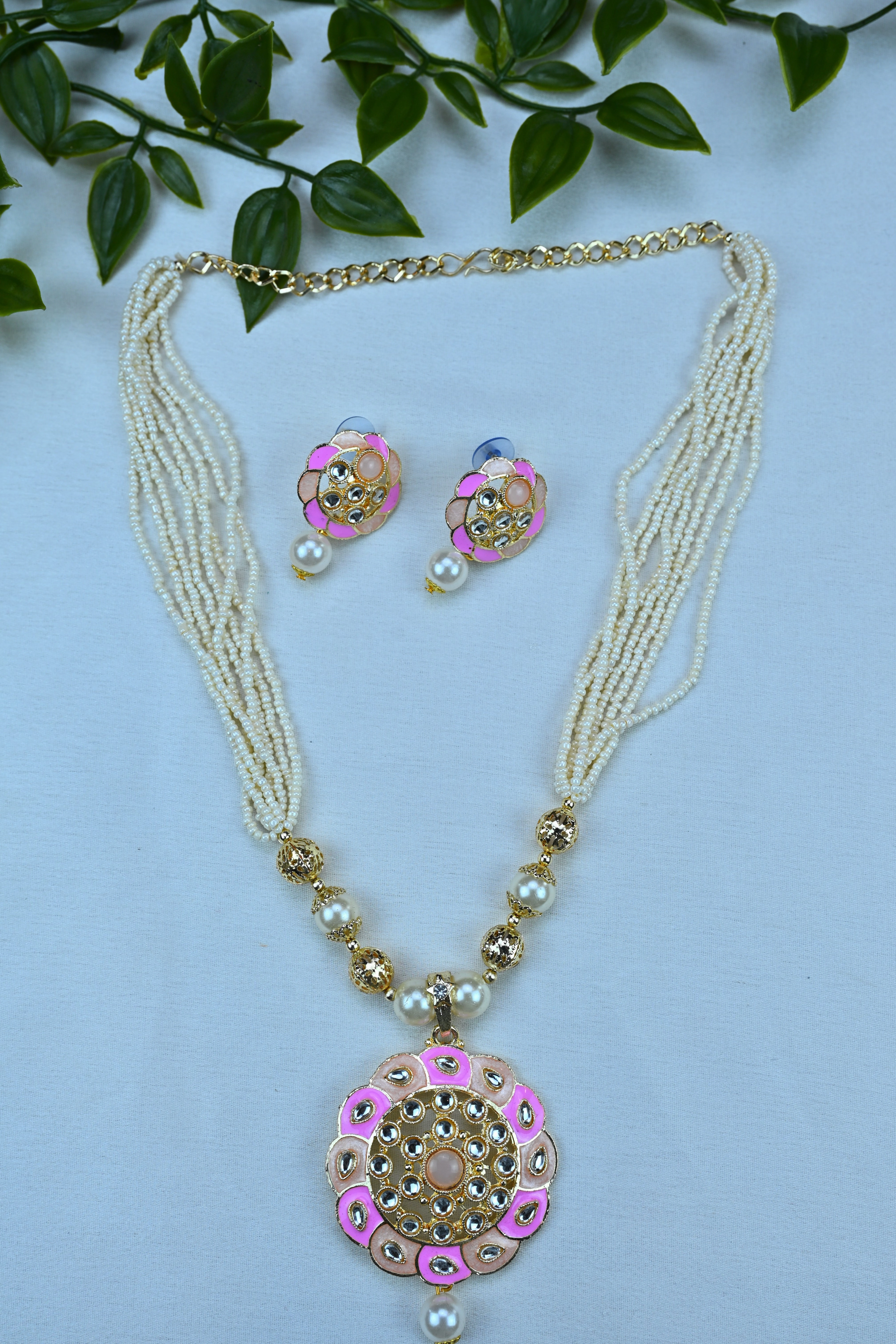 Blush Bloom Pearl Mala Set with Stud Earrings