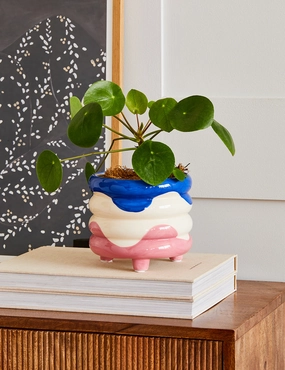 Blush Pink & Navy Wavy Stacked Plant Pot