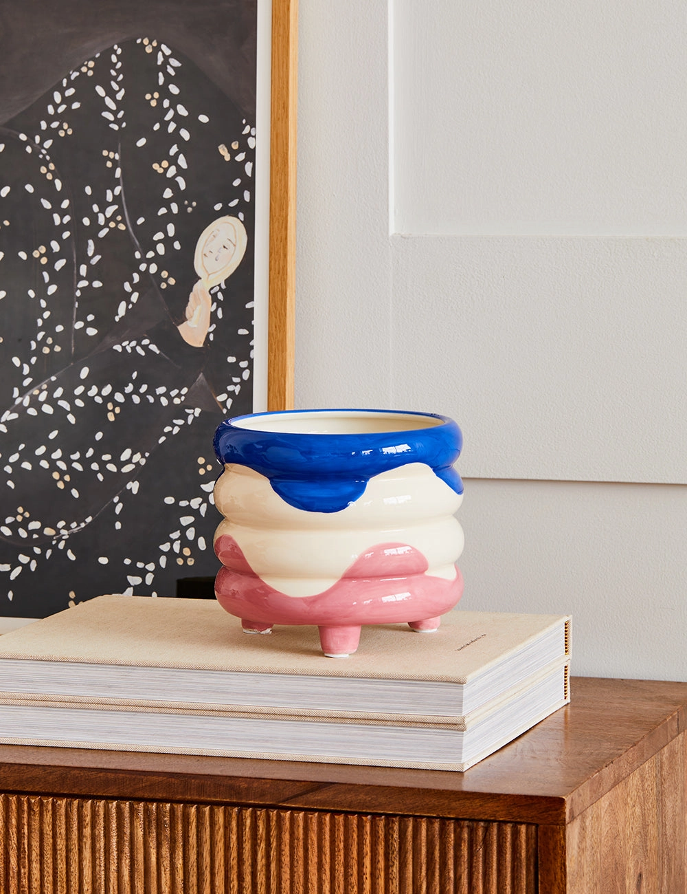 Blush Pink & Navy Wavy Stacked Plant Pot